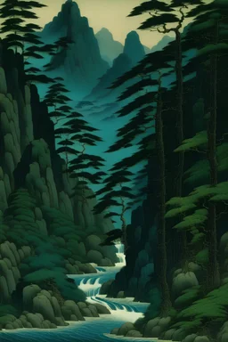 A dark teal river ravine between mountains painted by Utagawa Hiroshige