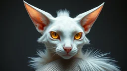 white stylish with textured ears with tufted tips and a subtle pink interior, long and white, sharp jawline and high cheekbones, piercing yellow deep galaxies bright glowing aura with vertical pupils and a golden ring around the iris, soft and white fur trim on shoulders that's longest at the back, intricate subtle and shimmering silver scales on arms