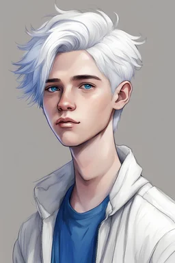 Sketch of a non-binary teenager with white hair, blue eyes wearing casual attire