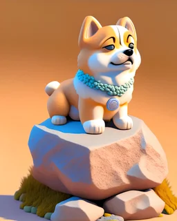 dog inu, on a bitcoin rock, full body, IP, Blender, pop mart, Pixar, Disney, high detailed face, ultra high definition, Bright color, pastel color, clay figure, blind box, best quality