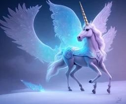 surreal illustration of a colors unicorn on princes frozen ground, realistic, surrealism, surreal unicorn with glowing wings, glowing soft and smooth wings, shadow, abstract surreal fantasy art, highly detailed, intricate patterns on wings, soft studio lighting, smooth dark blue background 64k