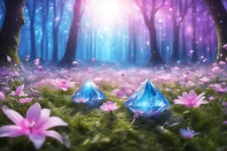 magic brightness diamon in a magic blue and pink lawn in a fairy forest, with lightness sky