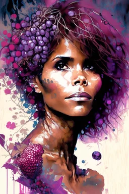 Portrait of gorgeous young Halle Berry surrounded by berries by Awwchang and James Christensen and CGSociety and Carne Griffiths and Minjae Lee, fun background, Lou Xaz