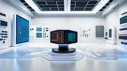 technology lines, microprocessors, interconnected HUDs, Virtual Reality room, wide shot, complementary colors, long shot, professional photography, plain white background, hyperrealistic art, shot on dslr 64 megapixels sharp focus, canon lens, 16k resolution