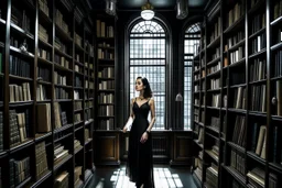 full-height shot of a woman in a tight black dress, inside a large magic book shop, books, bottles, windows