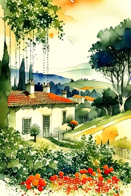 watercolor ,landscape, many colors, detailed, colorize, white background a hills, Tuscan villa on rolling hills, surrounded by green cypress trees and blooming fields. Infuse the scene with sunlight, conveying a cozy and tranquil atmosphere. a white background 9:11