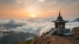 A quiet, ancient temple on a mountainside at sunrise, surrounded by clouds and overlooking a peaceful valley. Photographic quality and detail, award-winning image, beautiful composition.