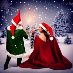 two elves. woman and man. Christmas scene. photorealistic. low-key