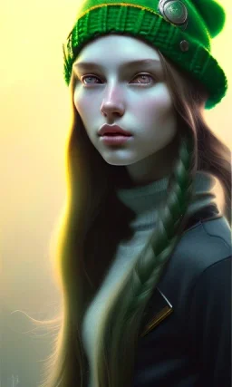 girl, cute, beautiful, long hair, wavy hair, green hair, blue eyes, green beanie, green coat, black tee shirt, head and shoulders portrait, 8k resolution concept art portrait by Greg Rutkowski, Artgerm, WLOP, Alphonse Mucha dynamic lighting hyperdetailed intricately detailed