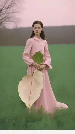 a woman standing in a field holding a large leaf, an album cover, inspired by Winona Nelson, flickr, magic realism, wearing pink dress, mackenzie foy, 1 9 9 9 photo from life magazine, vogue italy --q 2 --v 5 --ar 3:4