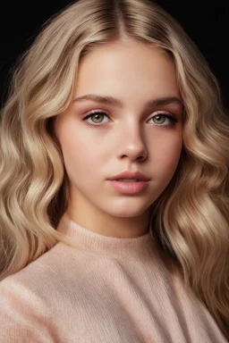 Candy Cane, 14-year-old American actress, photorealistic 4K, cinematic lighting, heart-shaped face, porcelain fair skin with warm undertones, high cheekbones, soft peach blush, large almond hazel eyes flecked with green and amber, long curled lashes, soft arched brows, straight narrow nose with rounded tip, full lips with defined cupid’s bow, long, bleach-blonde hair with bangs mid-back length, voluminous waves, deep side part, slender hourglass frame
