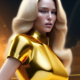 beautiful cosmic golden woman, long blond hair, nice smiling, magic glamour make up, delicate colors, beautiful glamour galactic golden dress, ultra sharp focus, 8k, unreal engine 5, extremely sharp detail, light effect, soft light atmosphere of a spaceship, smooth, full of details, face in front, complete vision of face and hair and body