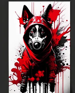 Banksy style. Vibrant and dynamic masterpiece with fluid patterns forming a killer dog with hood and gas mask, its eyes are intense. Red, white and black colors, creating a fascinating effect. Full body