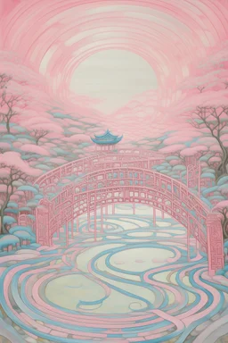 A light rosy pink mystical maze with a bridge painted by Qiu Ying