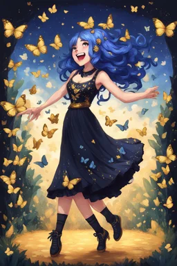 Girl with blue hair in black and gold dress dancing with butterflies, stardew, valley style