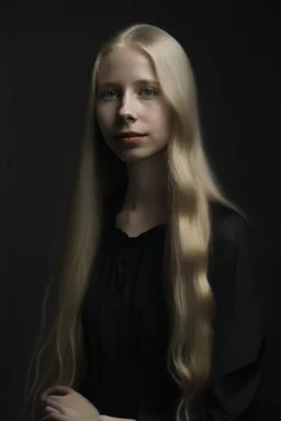 Portrait of a human woman, long blonde hair, dressed in black, pale