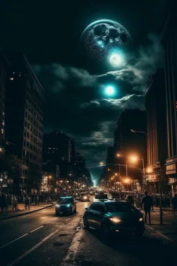 city, night sky, bouldings, moon, a big ufo over, people running, chaos atmosphere, street, lights, cars, women, dirty