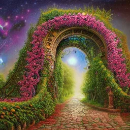 An intricate, elaborate open stone arch covered with vines and flowers to the Galaxy, milkyway, planets, beautiful, stunning, intricate, ultra-fine detail, 8k, ornate, sharp, crisp, high-quality, 3d, realistic, digital art,George Grie, Anne Dittman, Anne Stokes, Lisa Parker, Selina French