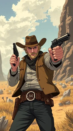 Magnus Carlson in the wild west looking cool with a revolver, anime style