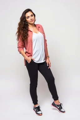 beautiful lady with makeup in pants and pretty shirt curvy long hair sport shoes standing relaxed posing to camera simple empty studio background