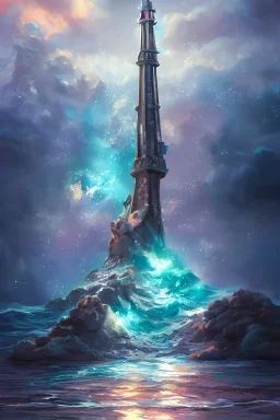 a delicate sparkling diamond fantasy tower splashes upwards from a turbulent ocean, dramatic lighting, rich colors, sunlight shimmering off the tower and the water and the spray, beautiful oil painting trending on artstation