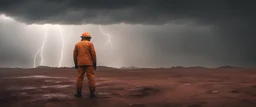 an unknown man wearing hardhat standing in heavy lighting and storm of rainy weather condition in the mars