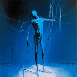 Minimal abstract oil painting of a naked body limbs sinew twisted . Background of bright blue with random words. hanging wires illuminated at night. In the style of Justin Mortimer and Phil Hale and Ashley Wood