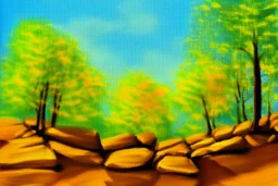 Sunny day, trees and rocks impressionism painting