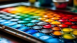 A detailed close-up of a vibrant and realistic palette of watercolor paints blending on an artist's palette. Realistic, Colorful Art, Paint, Canon EOS 5D Mark IV, 100mm macro lens, f/2.8 aperture, morning light, abstract, Watercolor on Canvas