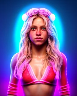 portrait, Shakira, blonde artist, Realistic image, drinking a strawberry milkshake, pink line make-up, sweat, fog, goddess style, Neon colors, leds. Color background, photo studio, concept art, smooth, unreal engine 5, god lights, ray tracing, RTX, lumen lighting, ultra detail, volumetric lighting, 3d, finely drawn, high definition, 4k.