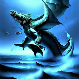 Dibujo de Leviathan el dragon del mar en el oceano con estilo de Caravaggio