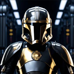 star wars bald male corellian pilot wearing pearlescent black and gunmetal grey First Order special forces heavy assault armor and helmet with gold trim inside the jedi temple, centered portrait, hyperdetailed, dynamic lighting, hyperdetailed background, 8k resolution, volumetric lighting, light skin, fully symmetric details