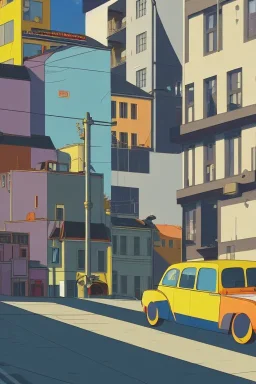 Bauhaus style city street, sloped street, street scene, cel - shading, flcl, jet set radio future, golden hour, Swedish town, concentrated buildings, swedish neighborhood, cel - shaded, strong shadows, vivid hues, y 2 k aesthetic