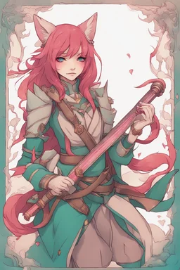 Teenaged Female kitsune paladin/bard with red, teal, and pink hair