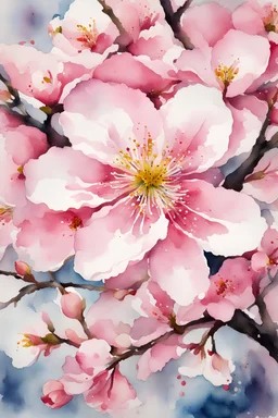 vivid colour watercolour of centred pink and white cherry blossom