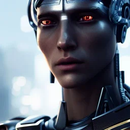 high definition cyborg, 4k, male, sad, tear, ultra high definition, finely tuned detail, unreal engine 5, octane render, ultra realistic face, detailed make-up, detailed hair, detailed metals, use dynamic palette, accurate proportions, high contrast, black smokey bokeh background