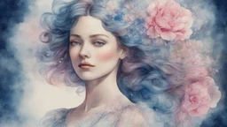 Victorian era, watercolor drawing, double exposure, fine drawing, portrait of a beautiful woman 30 years old, airy transparent dress, double exposure, flower, fantasy, night, blue, pink, flowing hair, highlights, sparkles, clear lines, detailing, fine drawing, high resolution, 8K, photorealism, precise focus,