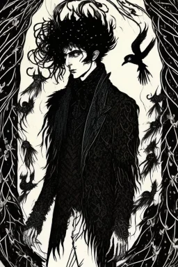 Black singed,black haired young man, warlock,with feathery horned owl hair, owl legs, owl faced, in the style of Harry Clarke,