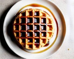 Round waffle with maple syrup plate, fork