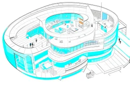 Architectural drawing of a Neofuturistic art museum, (((isometry))), ultra quality, people, treets