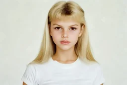 Polaroid, jeune brigitte bardot,, cheveux long blonds sésans frange, yeux marron, petit nez, visage poupin, t-shirt blanc, fond blanc
