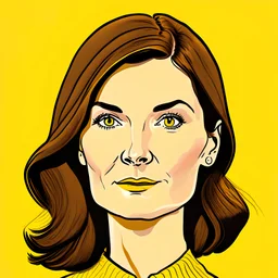Detailed illustration of a 30 year old woman named Alice with brown hair, head shot, yellow background