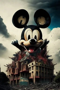 MICKEY MOUSE WITH ACCURATE EYES AS A HUGE GODZILLA DESTROYING BUILDINGS IN SOUTH AFFRICA