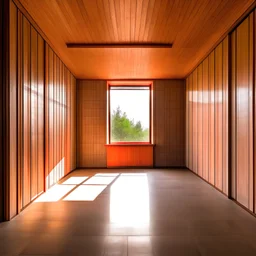 A square room with two walls and a window with sunlight, a cement floor and a wooden ceiling
