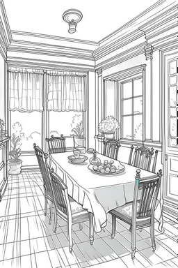 Outline art, house interior design, dining room, no shading, no lines, cartoon style, --ar 9:11