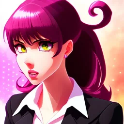 crystal clear blue eyes, and dark pink hair, dot eyebrows, woman, angry expression, pointy ears, long hair