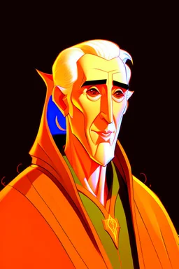 A portrait of Christopher Lee in his thirties as an elf mage, dressed in an expensive orange medieval shirt, in the style of Genndy Tartakovsky, long pointy elven ears, dark background