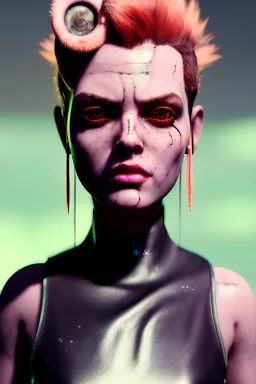 Fashion Portrait, tank girl, make up, natural busty, retro futuristic style, glow eyes, cinematic, Ultra realistic, wide angle view, soft color, highly detailed, unreal engine 5, RTX, ultra detail, volumetric lighting, 3d, finely drawn, high definition.