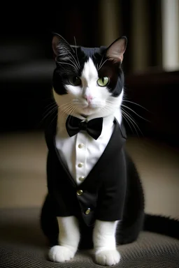 very cute white cat wearing a black wedding suit