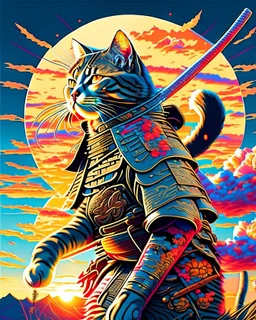 Gato Samurai cuerpo completo arte vectores hiperdetallado colores contrastantes cielo soleado 8k